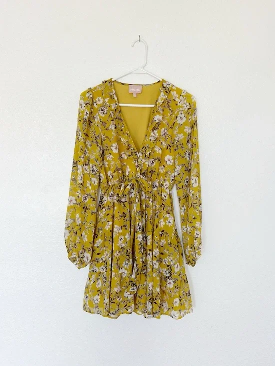 Show Me You MuMu Mustard Floral Dress Addy Yellow Long Sleeve Mini Ruffles Bow S - Picture 3 of 9